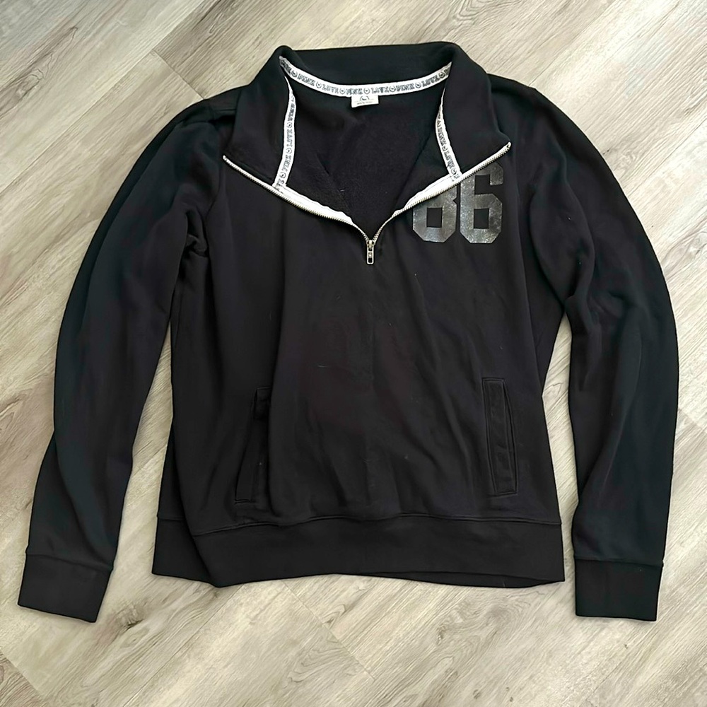 Black Quarter Zip PINK Sweatshirt with Back Print Design - Size Large